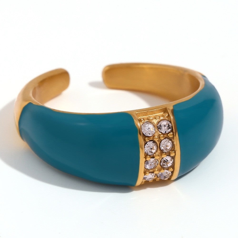 18K Gold Plated Chunky Ring*Open Ring*Aqua Blue Enamel Zircon*Colorful*MJ - Picture 2 of 4